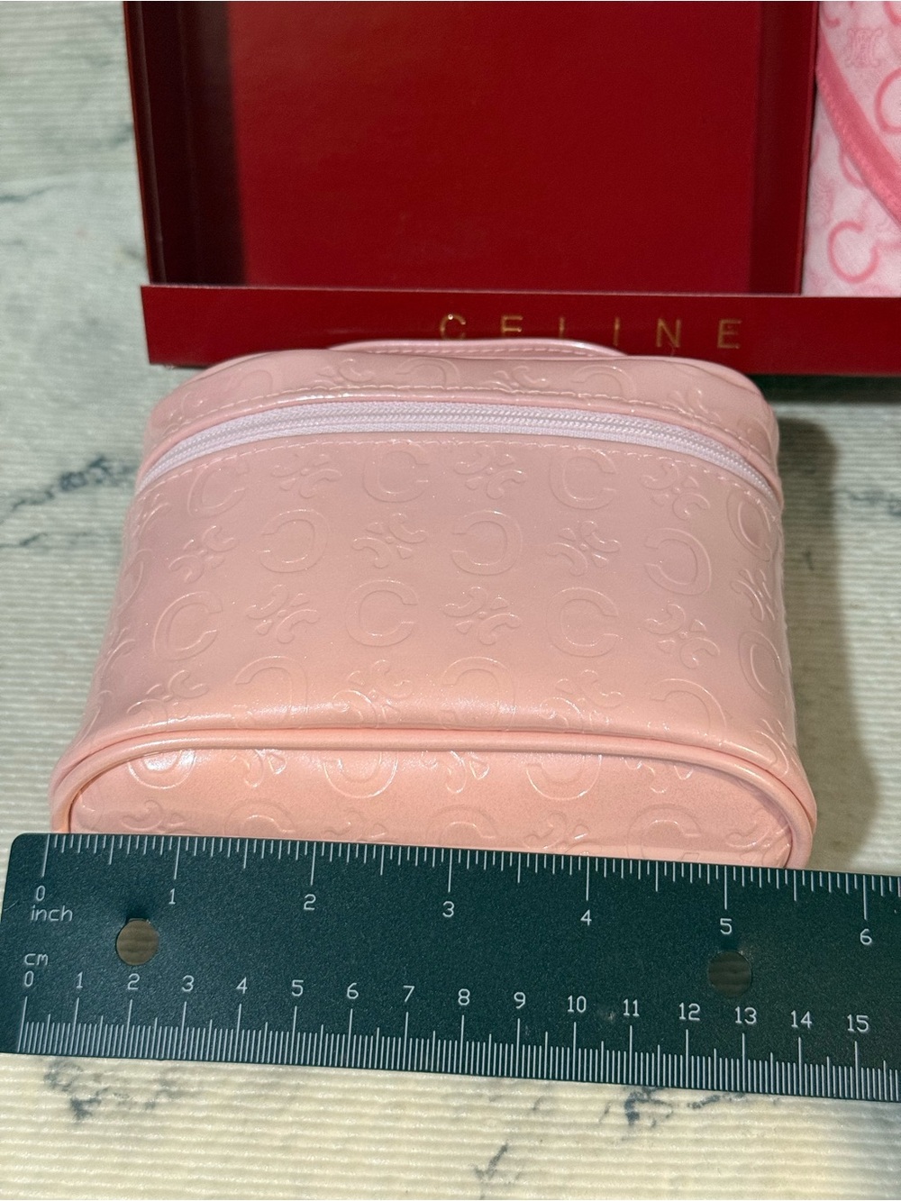 Celine Light Pink Embossed Vanity Cosmetic Case & Cotton Scarf Set - Picture 10 of 11